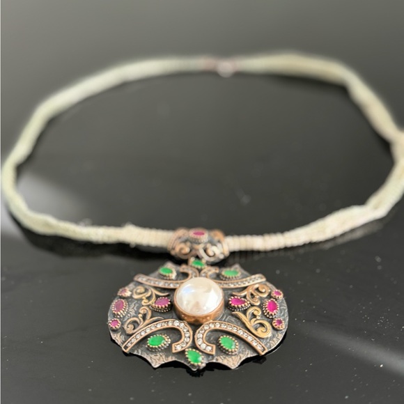 STUNNINGl ARABIC NECKLACE 925 STERLING RUBY EMERALD PEARL MARCASITE PENDANT - Picture 5 of 7